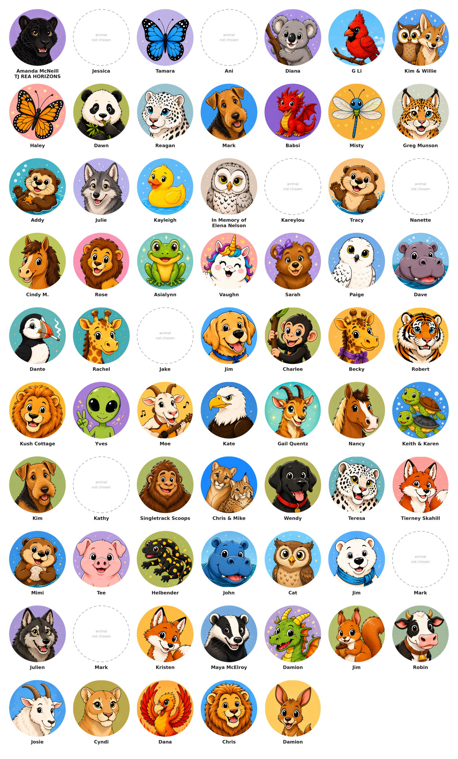 The ZU Animal wall, every backer's chosen animal with their name